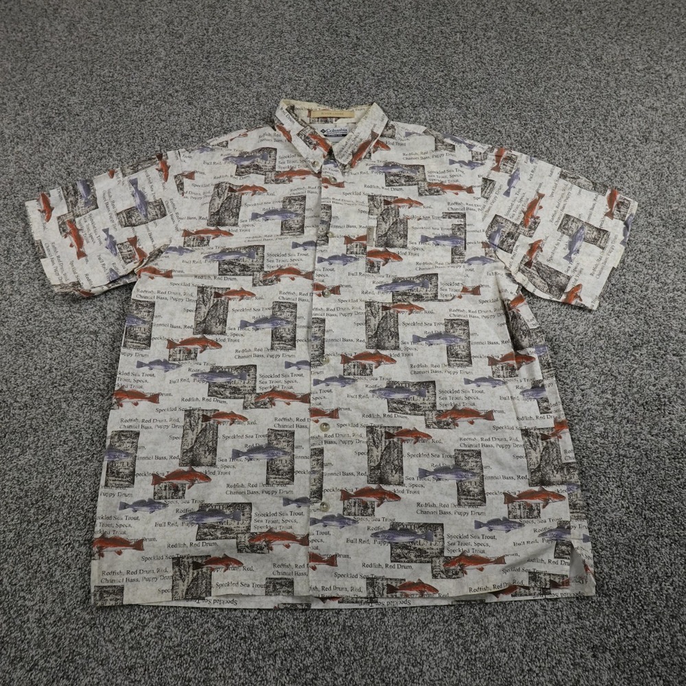 Columbia Shirt Mens L White Fish Graphic‎ Pattern Outdoor Button Up Fishing Camp